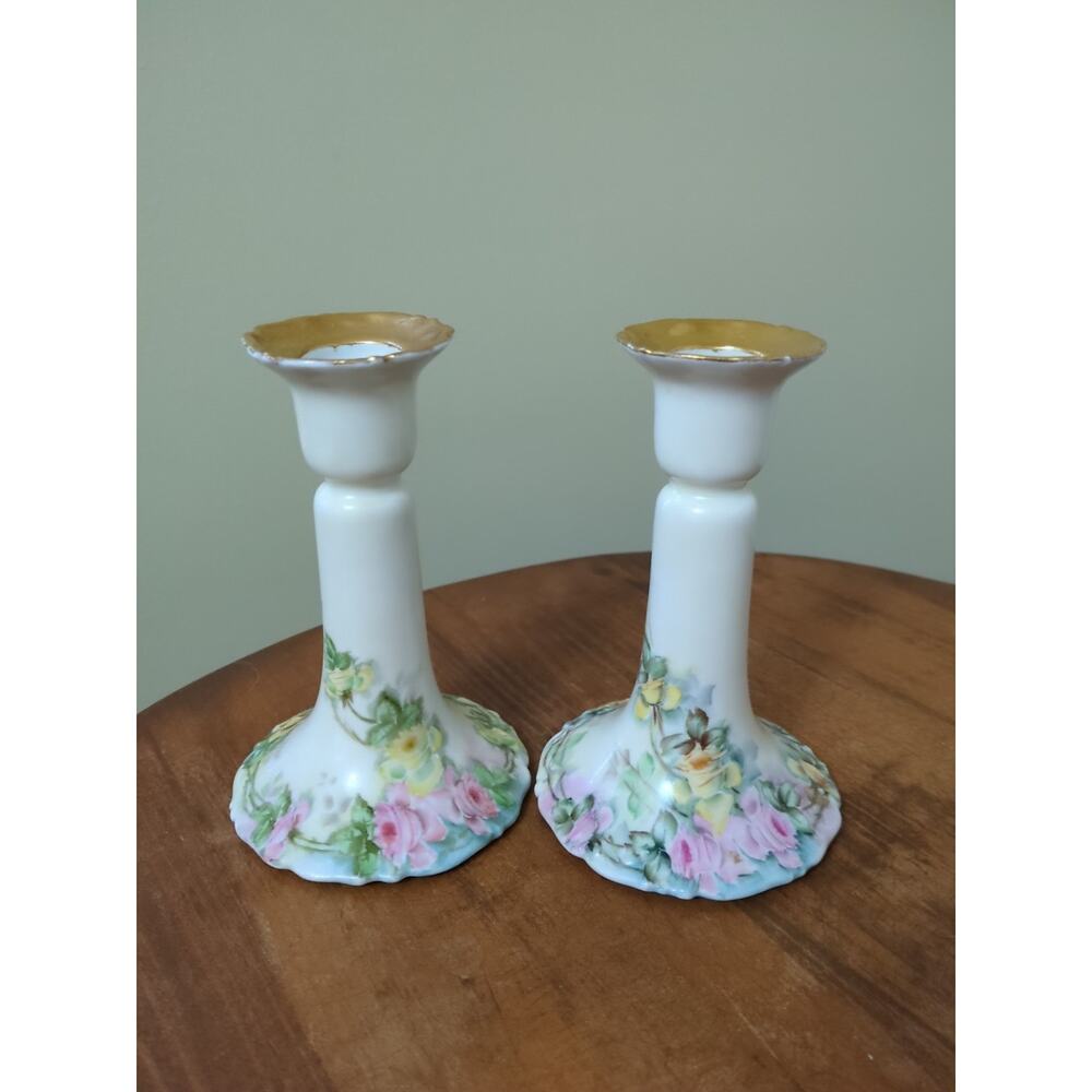 Limoges Tressman and Vogt Porcelain Hand painted Candlesticks
